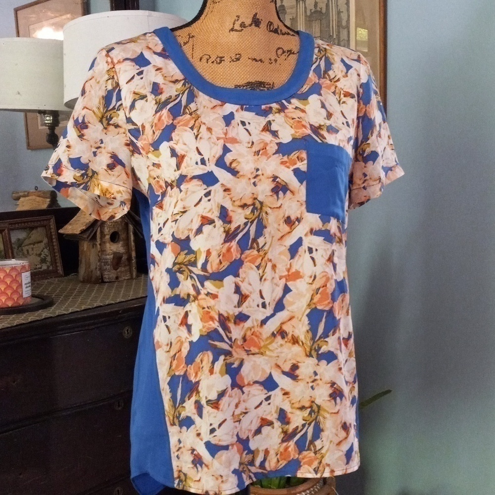J. Crew Blue and Cream Multicolored Floral Print Blouse